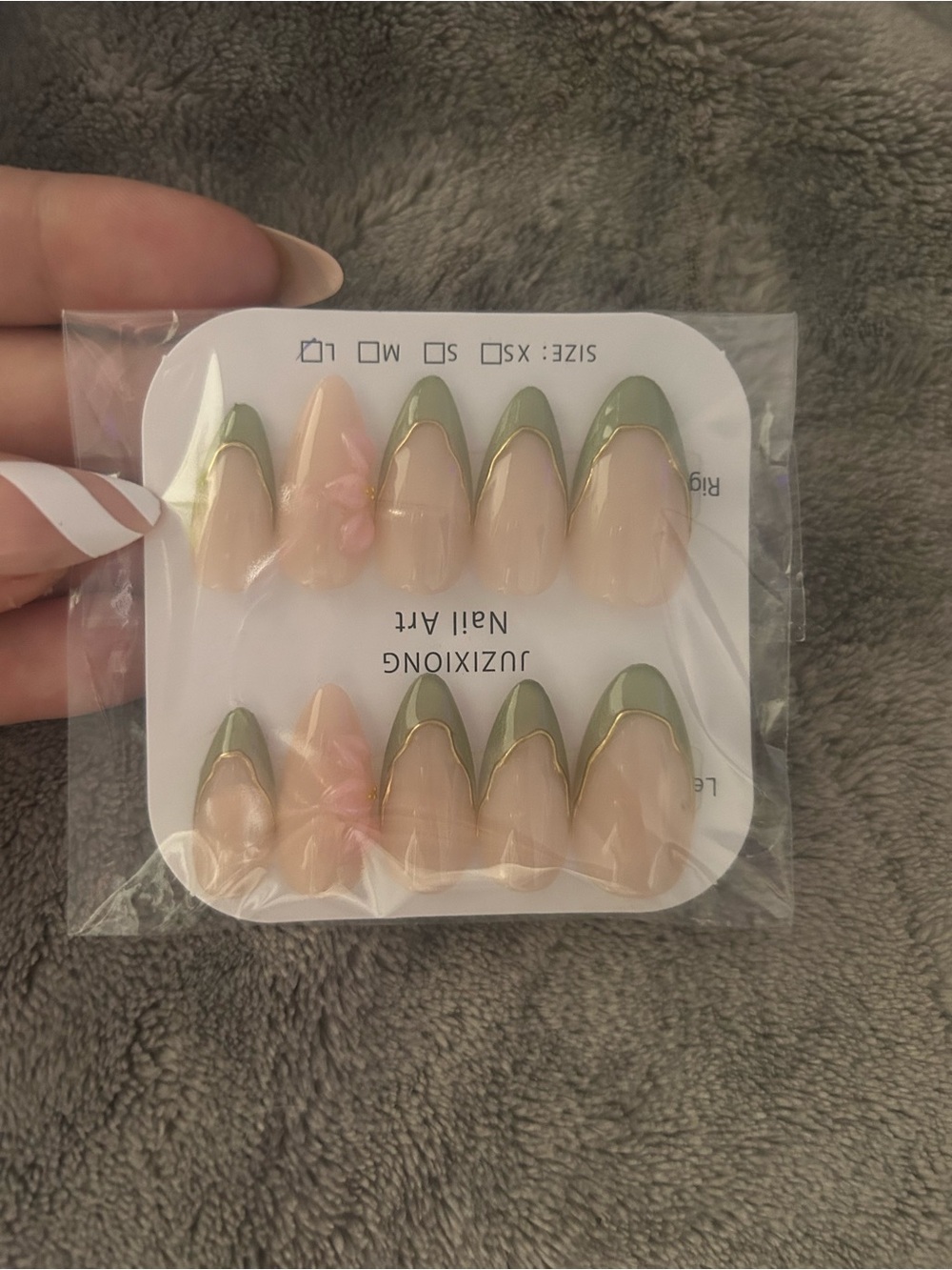 Nude and Olive Press-On Nails with Gold Trim — Set of 10